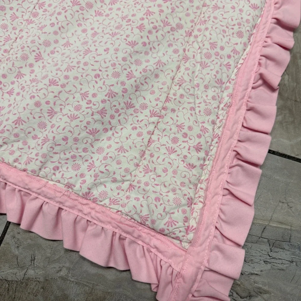 Vintage Pink Floral and White Eyelet Ruffle Trim Reversible Lap Blanket 32x32